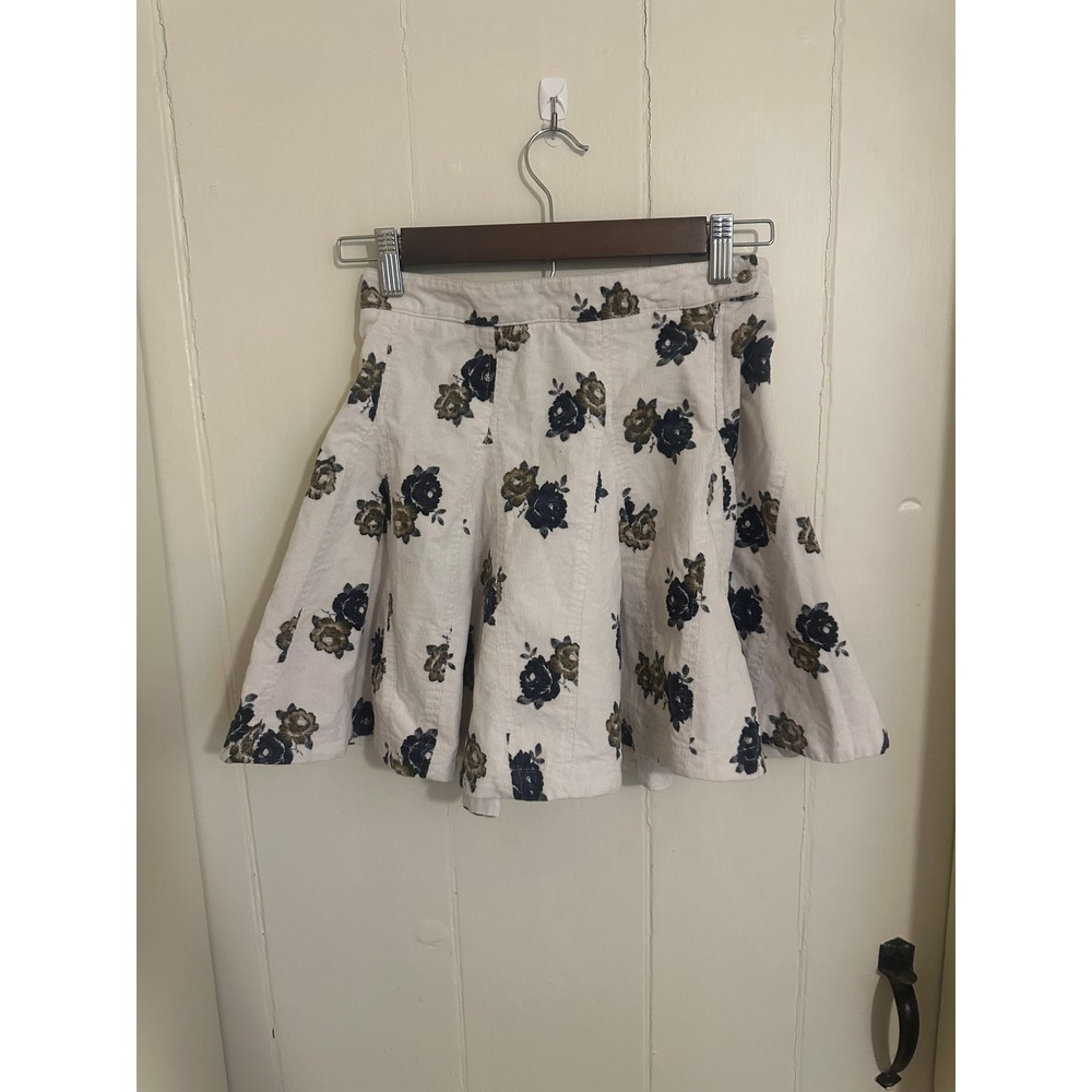 Free People Floral Corduroy Mini Skirt White Navy Olive A-Line Size 0